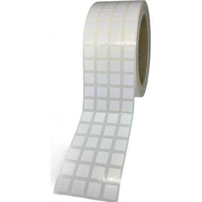 Plastová Etiketa 15 mm x 15 mm, 4 - Produkcia, Polypropylén, Biela, Dutinka 76 mm, 4 x 500 ks/kotúč, Permanentné lepidlo