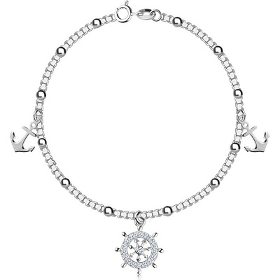 Šperky eshop Stříbrný náramek s námořnickým motivem hladké kotvy kormidlo s čirými zirkony R04.19