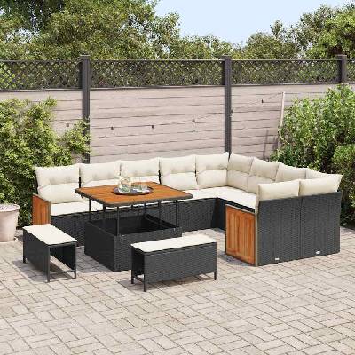 vidaXL Градински Софа Комплект с възглавница 12 pcs Черен и кремав (3363335)