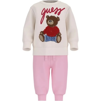 Комплект за бебе момиче с бяла блуза с мече и розов спортен панталон Guess