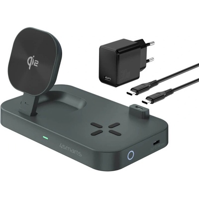 4smarts Qi2 Charging Station Trident - двойна поставка (пад) за безжично зареждане за iPhone с MagSafe, Apple Watch, AirPods Pro и Qi съвместими мобилни устройства (черен)