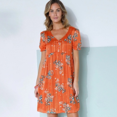 Krátke šaty s potlačou kvetín voál a trblietavé vlákno broskyňová/béžová
