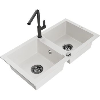 Mexen Mario Гранитна мивка с 2 камери и кухненски смесител Flora, бяла - 6504-20-670401-70-B (6504-20-670401-70-B)