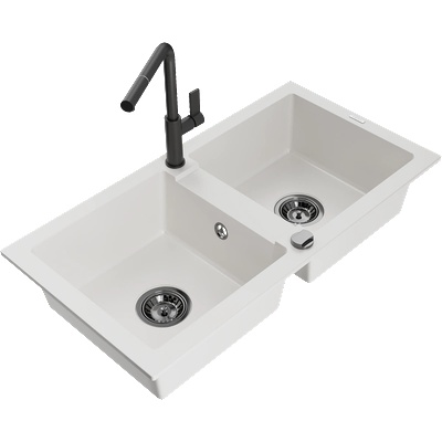Mexen Mario Гранитна мивка с 2 камери и кухненски смесител Flora, бяла - 6504-20-670401-70-B (6504-20-670401-70-B)