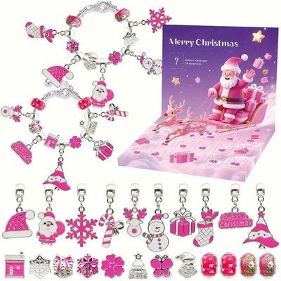 Abatoni Vánoční Adventní kalendář se 2 náramky a 22 přívěsky - barva stříbrná a růžová (sada pro výrobu náramků)