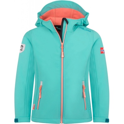 DĚTSKÁ DÍVČÍ ZATEPLENÁ SOFTSHELLOVÁ BUNDA TROLLKIDS TROLLFJORD AQUA HAZE / HARBOR BLUE / MELLOW PEACH