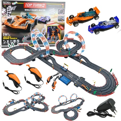 LeanToys 3v1 RC závodní dráha s osvětlenými smyčkami a ovladači aut 560 cm