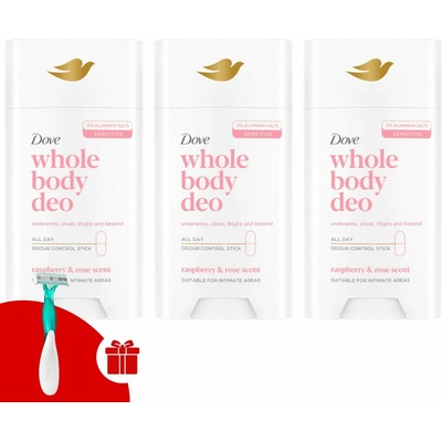 Dove Raspberry & Rose Deodorant stick 3 x 75 ml + holiaci strojček Dove