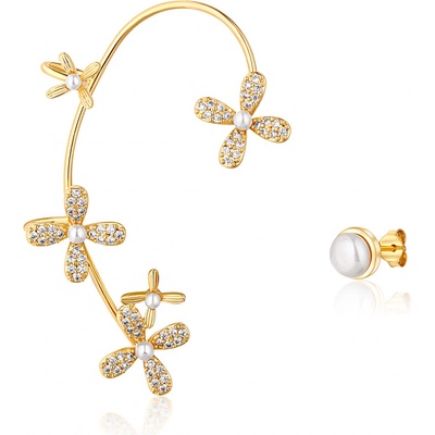 JwL Luxury Pearls luxusné pozlátené asymetrické náušnice s perlami a zirkónmi pravá záušnica JL0777