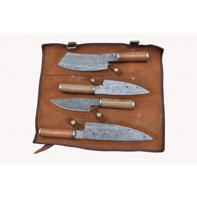 Комплект ножове от дамаска стомана (4 броя) - ръчна изработка с чанта от естествена кожа - cb 100064