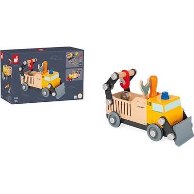Janod Drevené nákladné auto a stavebnica BricoKids s náradím