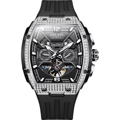 Gelatu Мъжки часовник GELATU Luxury Skeleton, Автоматичен, Силиконова каишка, Черен (GELATU-6016-SILI-BLACK)