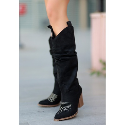 Erbil Shoes Дамски велурени ботуши тип чизми - Черни #412948 (412948_Черно)