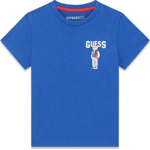 GUESS Синя тениска за мини момче с бял надпис Guess и малко мече
