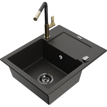 Mexen Enzo гранитна мивка с 1 отделение с отцедник и кухненски смесител Flora, черен/златен металик - 6506-75-670401-57-B (6506-75-670401-57-B)