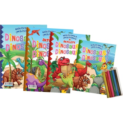 Komplet Dinosaury 2 maľovanky 2 aktivity zošity farebné ceruzky