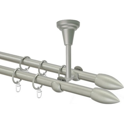 OK-GarnýžeCZ Garnýž kovová dvouřadá 16mm Špice double stříbrná mat 190 cm do stěny / kroužky s žabkou