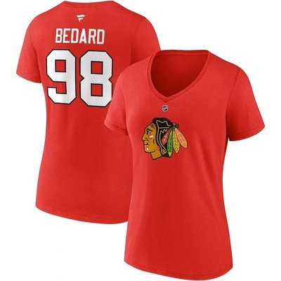 Fanatics Dámske tričko Connor Bedard #98 Chicago Blackhawks Draft 2023 Stack Logo Name & Number V Neck Red