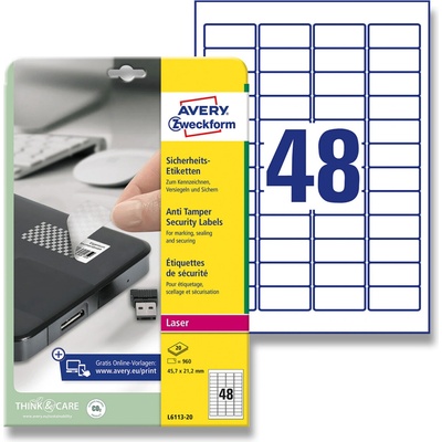 Avery Zweckform L6113-20 Etikety s ochranou proti manipulaci 45,7 x 21,2 mm 960 etiket bílá