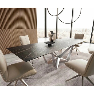 DELIFE Jídelní stůl Edge 200-300x100 keramika Laminam®Noir Desir hnědá podnož plochá ocelová nerezová rozkládací