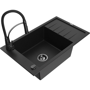 Mexen Elias гранитна кухненска мивка 1-камерна с капак и кухненски смесител Aster, черен - 6511-77-73450-70-B (6511-77-73450-70-B)