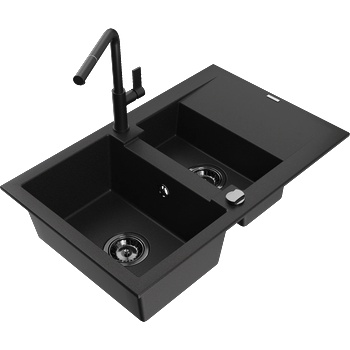 Mexen Gaspar гранитна мивка, 1, 5-коморна с отцедник и кухненски смесител Flora, черен - 6507-77-670401-70-B (6507-77-670401-70-B)