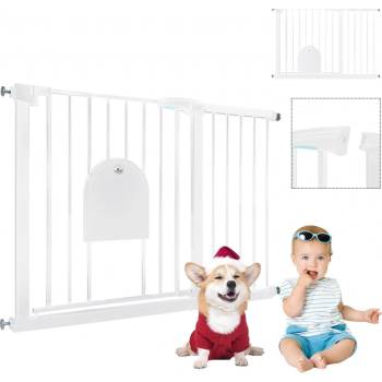 YARDIN kovová brána s dvierkami pre domáce zvieratá automatická 105 - 115 cm biela