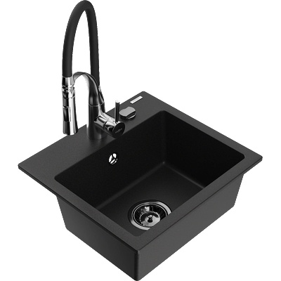 Mexen Milo гранитна кухненска мивка с 1 отделение и кухненски смесител Aster, черен - 6505-77-73450-07-B (6505-77-73450-07-B)