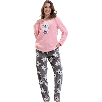 Дамска мека пижама в розово и сиво с мече