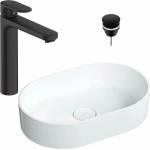 Omnires Комплект за умивалник за плот Omnires Ovo M+ бял 55 см, смесител за умивалник Hansgrohe Vernis Blend черен и кран за умивалник Click-Clack D черен (OVOUNBP+71582670+E0101020102-3)
