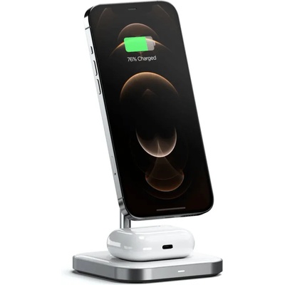 Aluminum 2-in-1 Magnetic Wireless Charging Stand - двойна поставка (пад) за безжично зареждане за iPhone с Magsafe и AirPods Pro (бял)