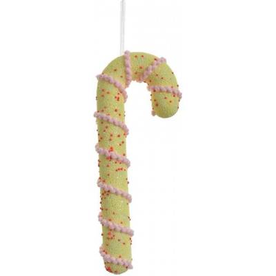 Clayre & Eef Žlutá vánoční ozdoba cukrová hůlka s růžovou šňůrkou - 10*3*26 cm