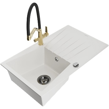 Mexen Cesar гранитна мивка с 1 отделение и отцедник и кухненска батерия Duo, бял - 6514-20-671701-57-B (6514-20-671701-57-B)