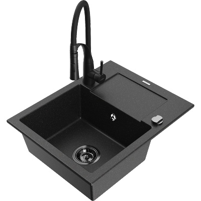 Mexen Enzo еднокамерна гранитна мивка с дренаж и кухненски смесител Aster, черен/сребрист металик - 6506-73-73450-70-B (6506-73-73450-70-B)