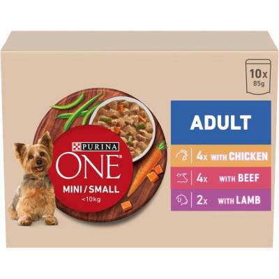 PURINA ONE Mini Dog Adult паучове за кучета с пиле, говеждо и агнешко в сос 10x85 г