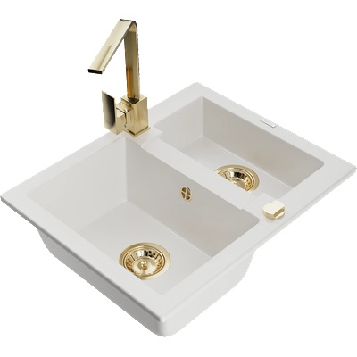 Mexen Carlos гранитна мивка 1, 5-коморна с кухненски смесител Rita, бял - 6518-20-670300-50 (6518-20-670300-50)