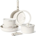 Just Perfecto Комплект тенджери и тигани Just Perfecto JL-999, 11 ч, Отливка, Мраморно покритие, Индукция, 2 Подвижни дръжки, Бял/бежов (JL-999 white/beige)
