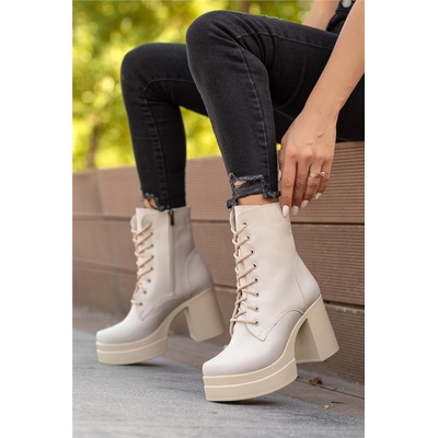 Moda Trend Дамски боти с висок ток и връзки - Светлобежови #362418 (362418_Бежов)