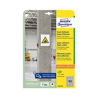 Avery Zweckform etikety 25.4mm x 10mm, A4, biele, 189 etikiet, s vysokou lepivosťou, balené po 20 ks, L7871-20, pre laserové a atr