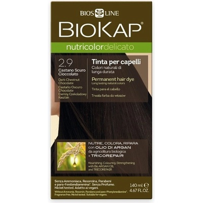 Biokap NutriColor Delicato permanentní barva na vlasy s arganovým olejem bez parfemace 2.9 Dark Chestnut Chocolate Tricorepair Complex 140 ml