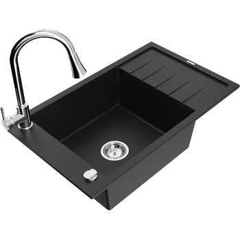 Mexen Elias гранитна мивка с 1 камера с отцедник и кухненски смесител Elia, черен - 6511-77-670101-00 (6511-77-670101-00)
