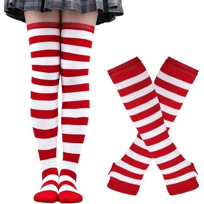 Комплект дълги раирани чорапи и ръкавици в червено и бяло
