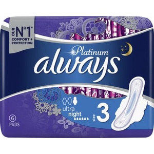 Always Дамски превръзки с крилца Always Platinum - Ultra Night, 6 броя