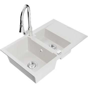 Mexen Gaspar гранитна мивка 1, 5-камерна с отцедник и кухненски смесител Elia, бяла - 6507-20-670101-00 (6507-20-670101-00)