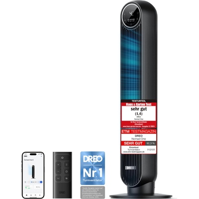 DREO Smart Quiet Tower Fan, APP & Voice Control, 90° Oscillating Fan with Remote Control, 4 Modes, 4 Speeds, 8 Hour Timer, Nomad One S, Black - DR-HTF007S