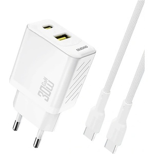 Dudao A27TCEU мрежово зарядно устройство с USB+Type-C изход, 30 W, PD бързо зареждане + кабел Type-C, БЯЛО GP-190597 (GP-190597)