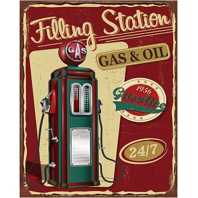 Červená nástěnná kovová cedule Station Gas & Oil – 20x1x25 cm