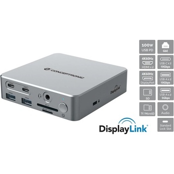 Conceptronic Док за преносими компютри - DONN25G (USB-C към HDMI/DP/USB-C PD/USB-A/SD/TF/RJ45/Audio) (DONN25G)