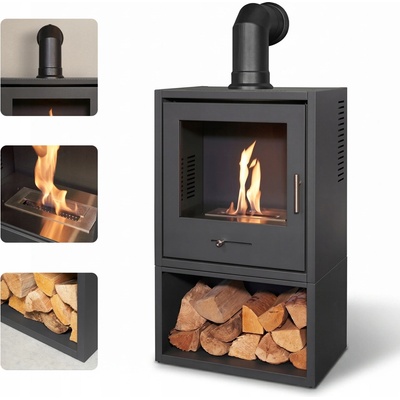 OKO S3 Bio Ethanol Stove with Log Storage in Grey & Angled Stove Pipe