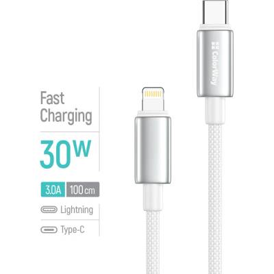 ColorWay CW-CBPDCL098-WT USB-C – Apple Lightning (zinková zliatina, nylonové opletenie) PD Fast Charging 30W 1m bílý